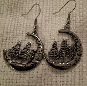 Crescent Moon & Tree Line Design Silver Earrings
